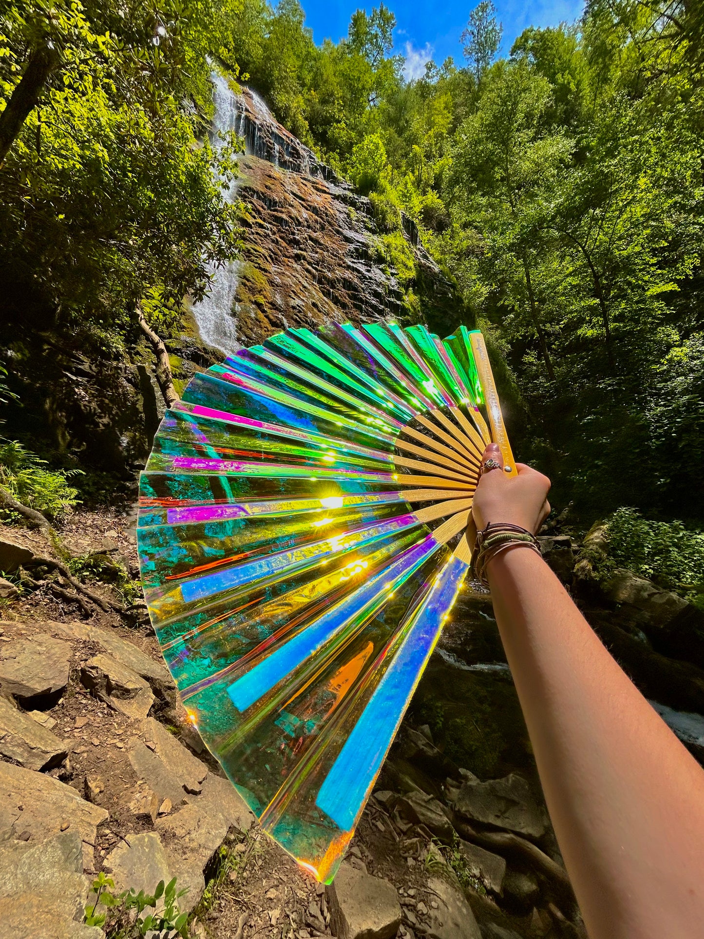 Iridescent Hand Fan - Natural Bamboo