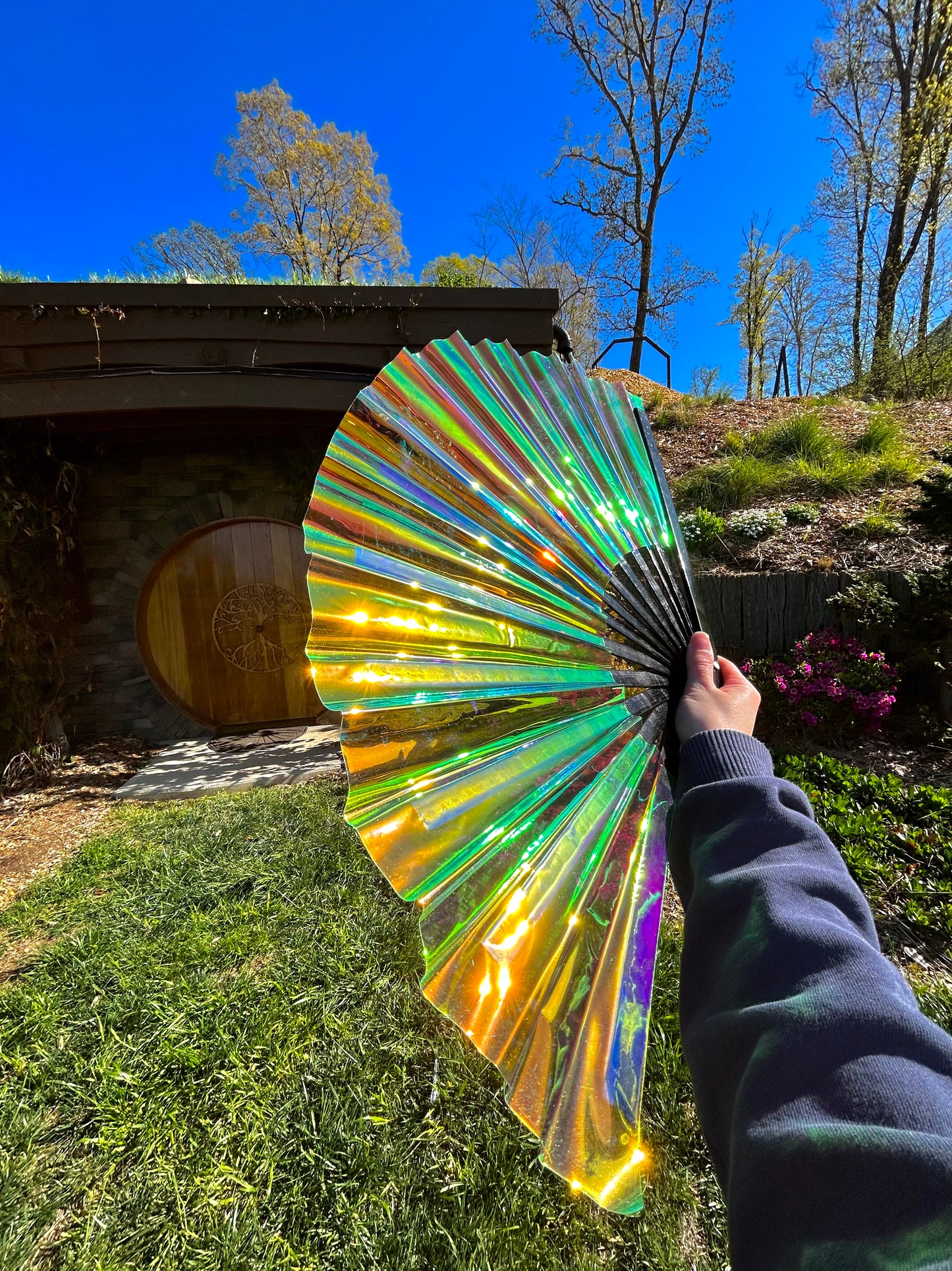 Iridescent Hand Fan - Black Bamboo