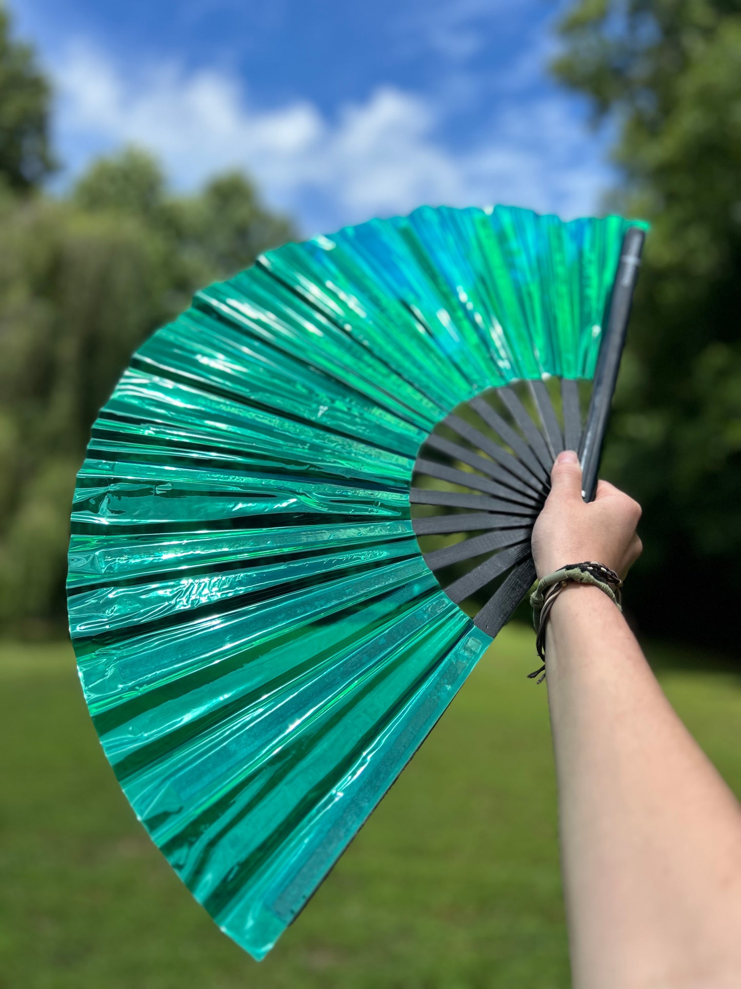 Teal Holographic Hand Fan